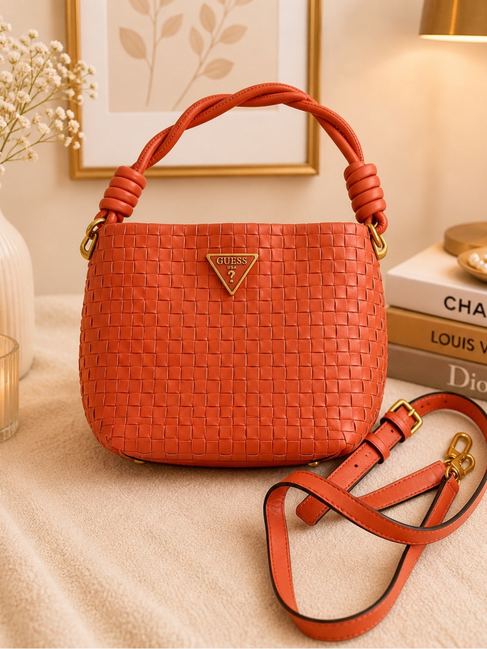 GUESS Orange Woven Shoulder Bag with Gold Hardware